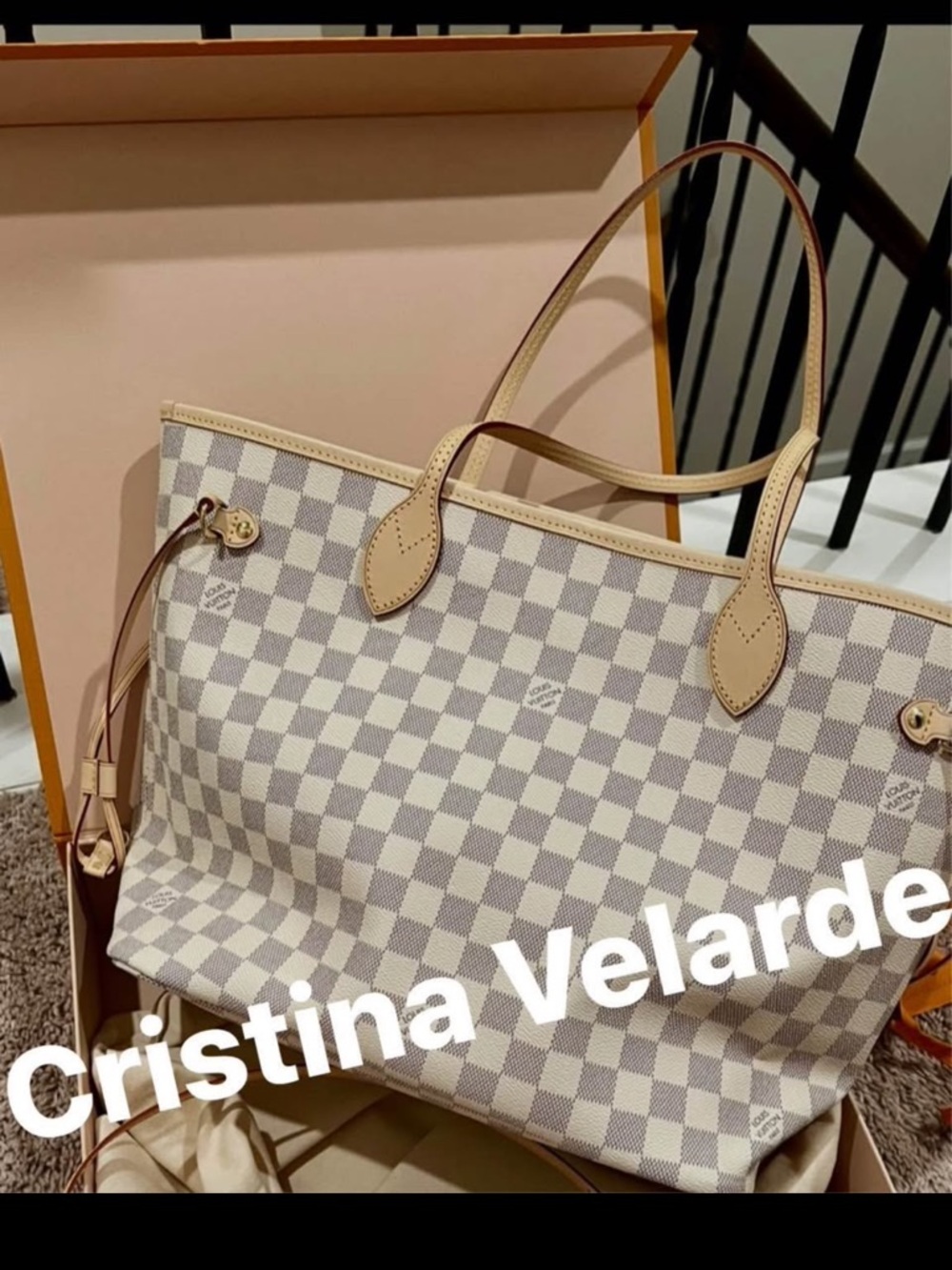 Louis Vuitton Damier Azur Neverfull Cream and Beige MM size Rose Ballerine